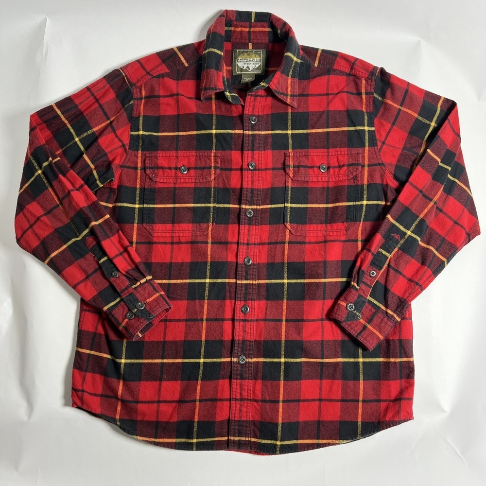 Eddie Bauer Sport Shop Red Flannel Mens L Work Long Sleeve Heavy Button Up